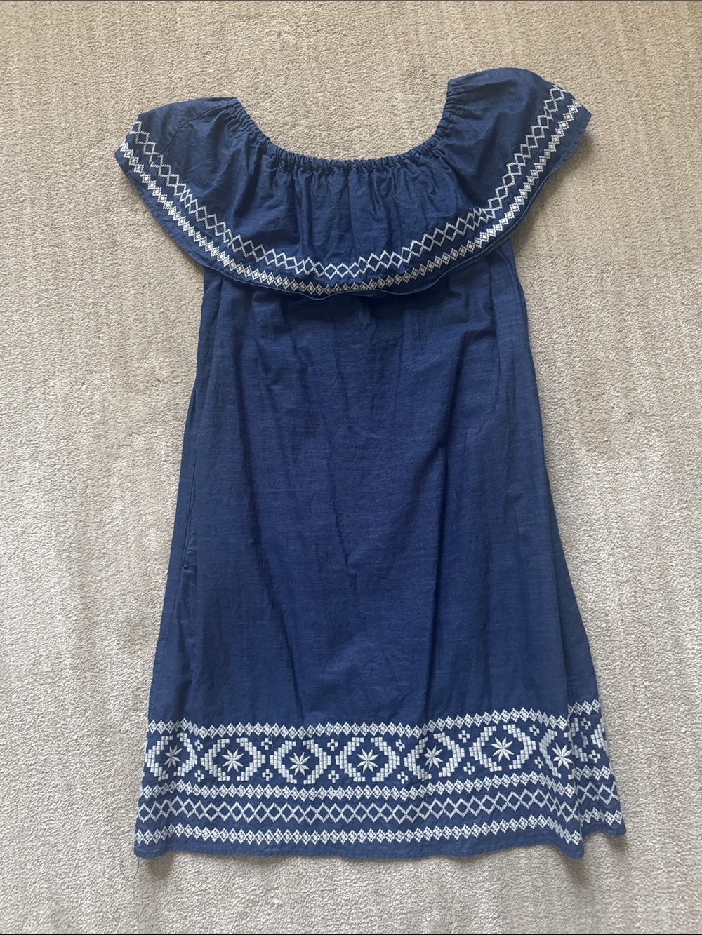 Westport Navy Off-Shoulder Embroidered Hem Dress